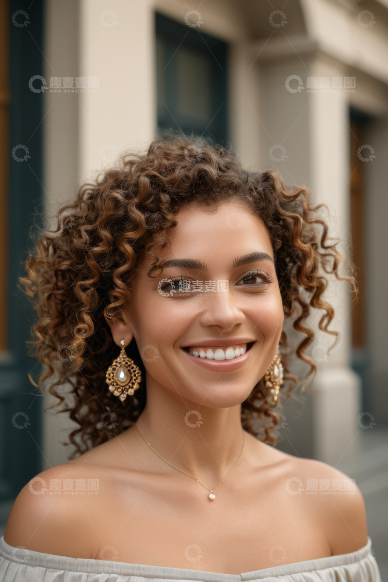 高清大图下载【趣麦麦图】微笑卷发女子户外肖像