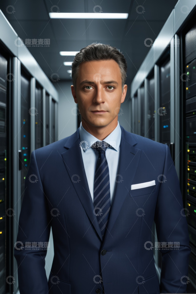 高清大图下载【趣麦麦图】穿西装男子于服务器机房前