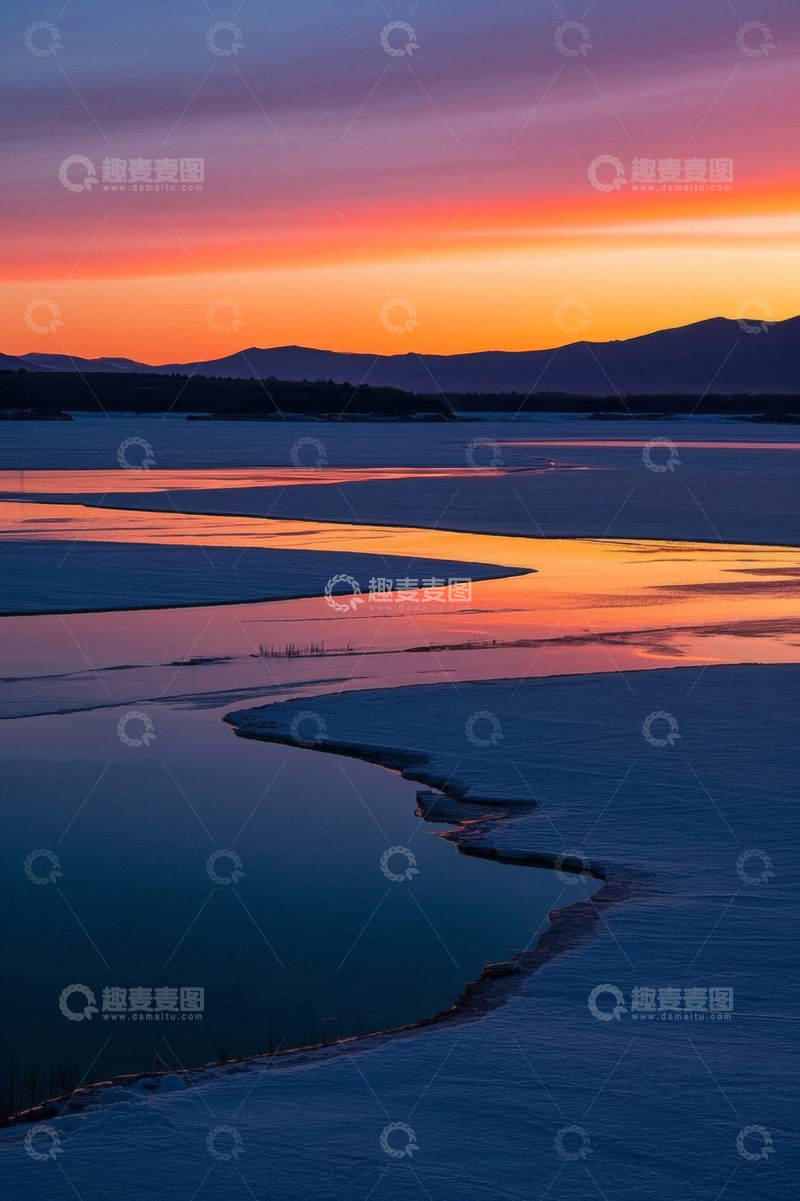 高清大图下载【趣麦麦图】夕阳下雪地河流自然风光