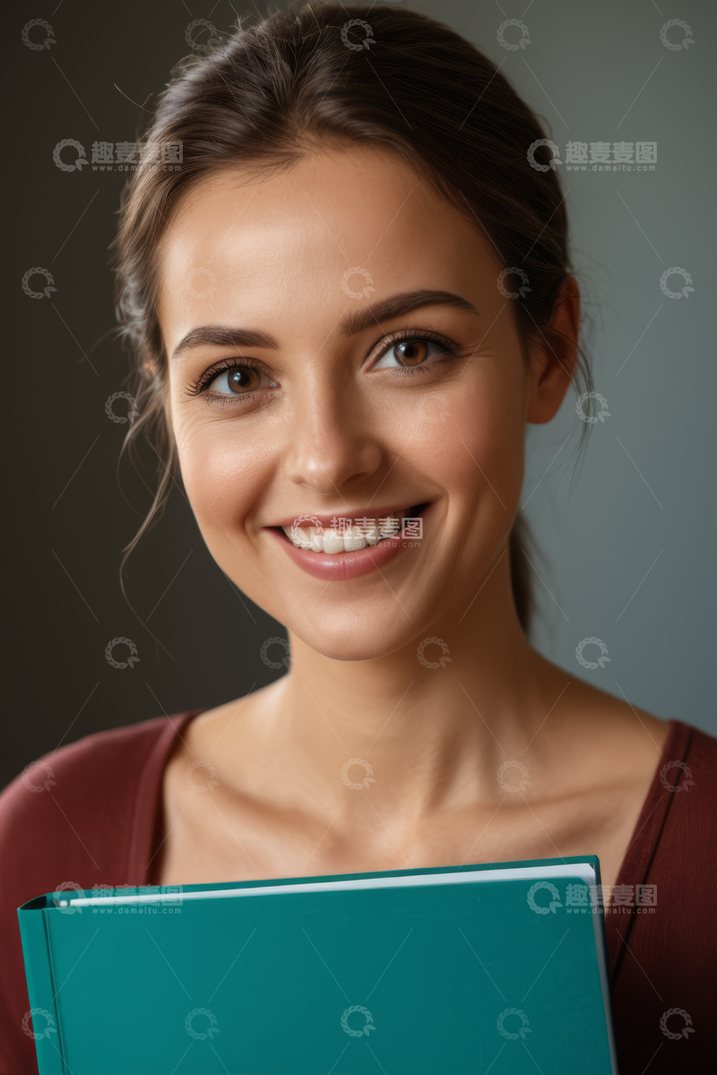 高清大图下载【趣麦麦图】手持文件夹微笑女人特写