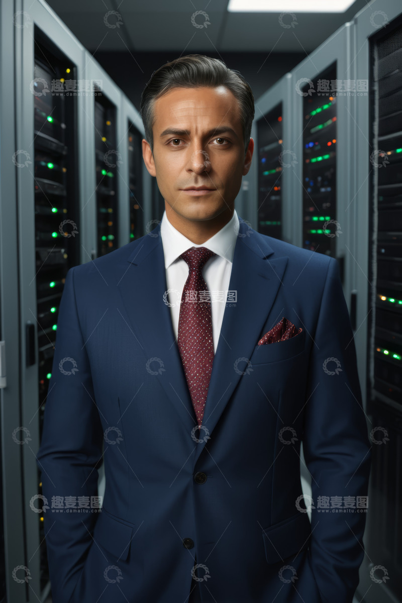 高清大图下载【趣麦麦图】身着西装男子于服务器机房前