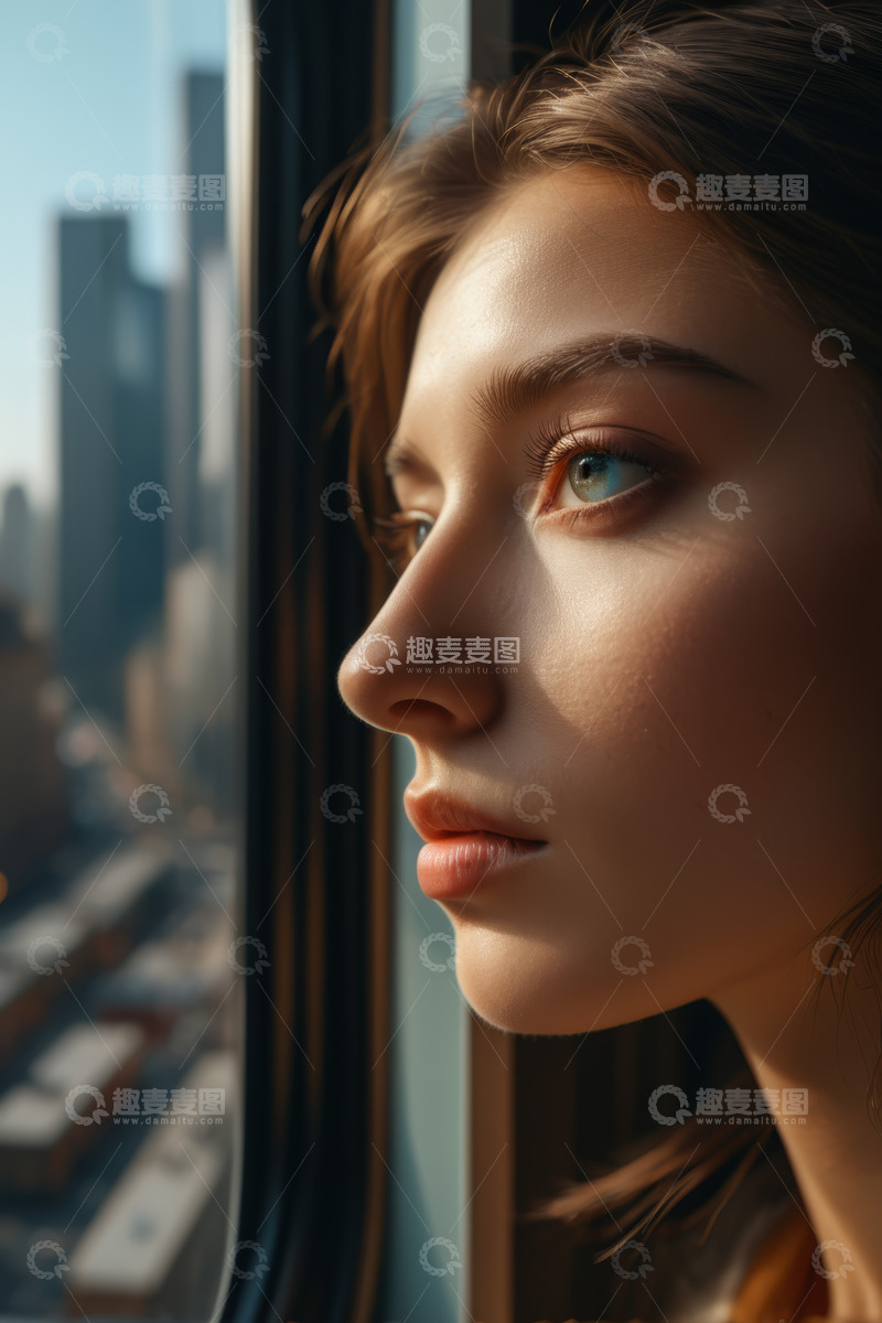 高清大图下载【趣麦麦图】窗边女子侧颜特写