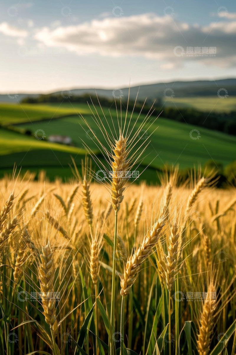 高清大图下载【趣麦麦图】金黄麦田与远处青山景观