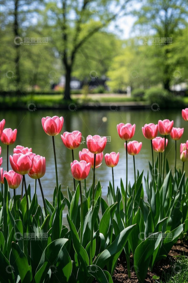 高清大图下载【趣麦麦图】湖畔盛开的粉色郁金香