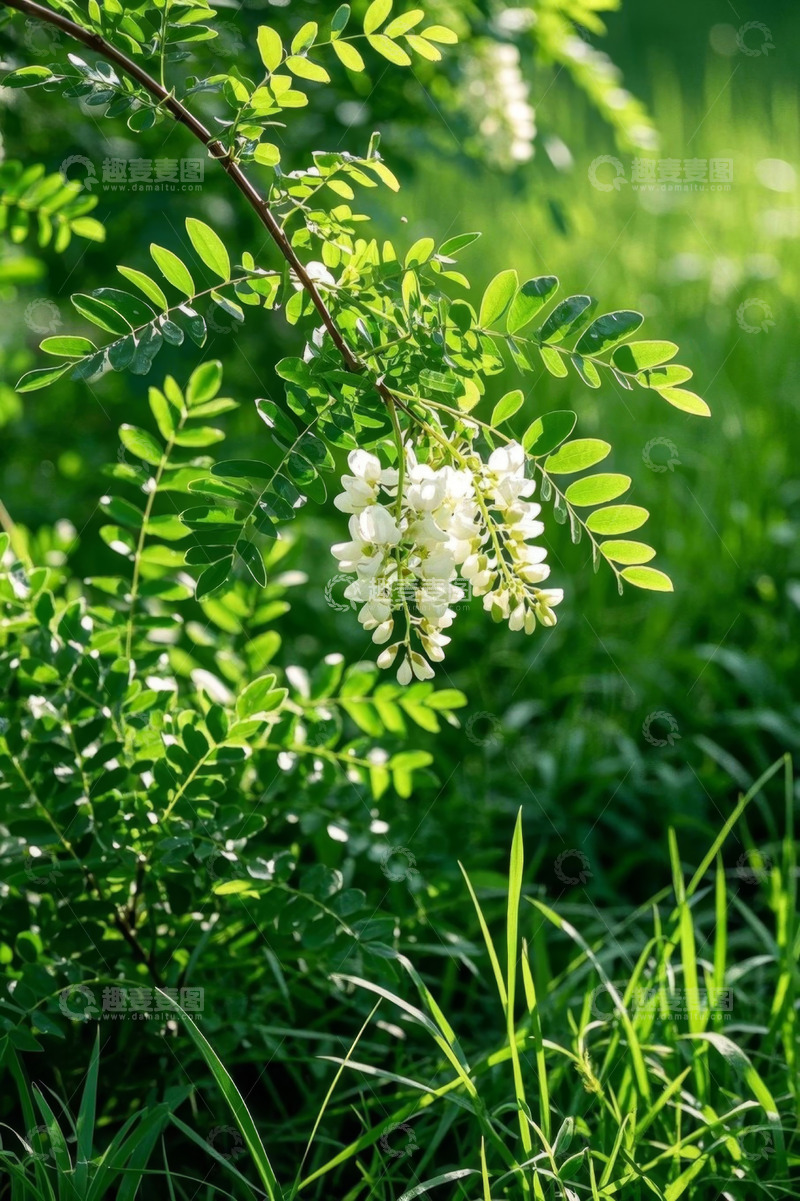 高清大图下载【趣麦麦图】阳光下绽放的白色花朵与绿叶