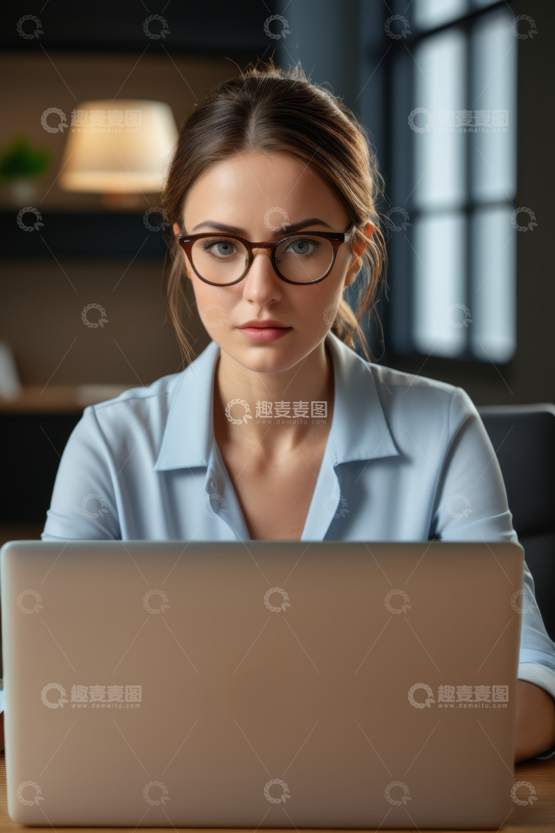 高清大图下载【趣麦麦图】女性专注使用笔记本电脑办公