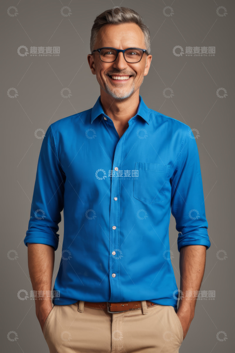 高清大图下载【趣麦麦图】穿着蓝色衬衫微笑的中年男子