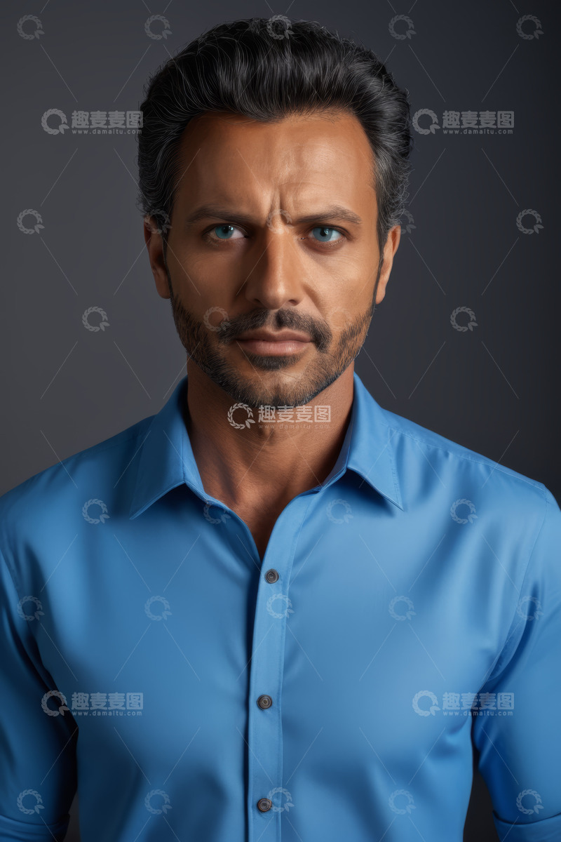 高清大图下载【趣麦麦图】穿蓝衬衫男子的特写肖像