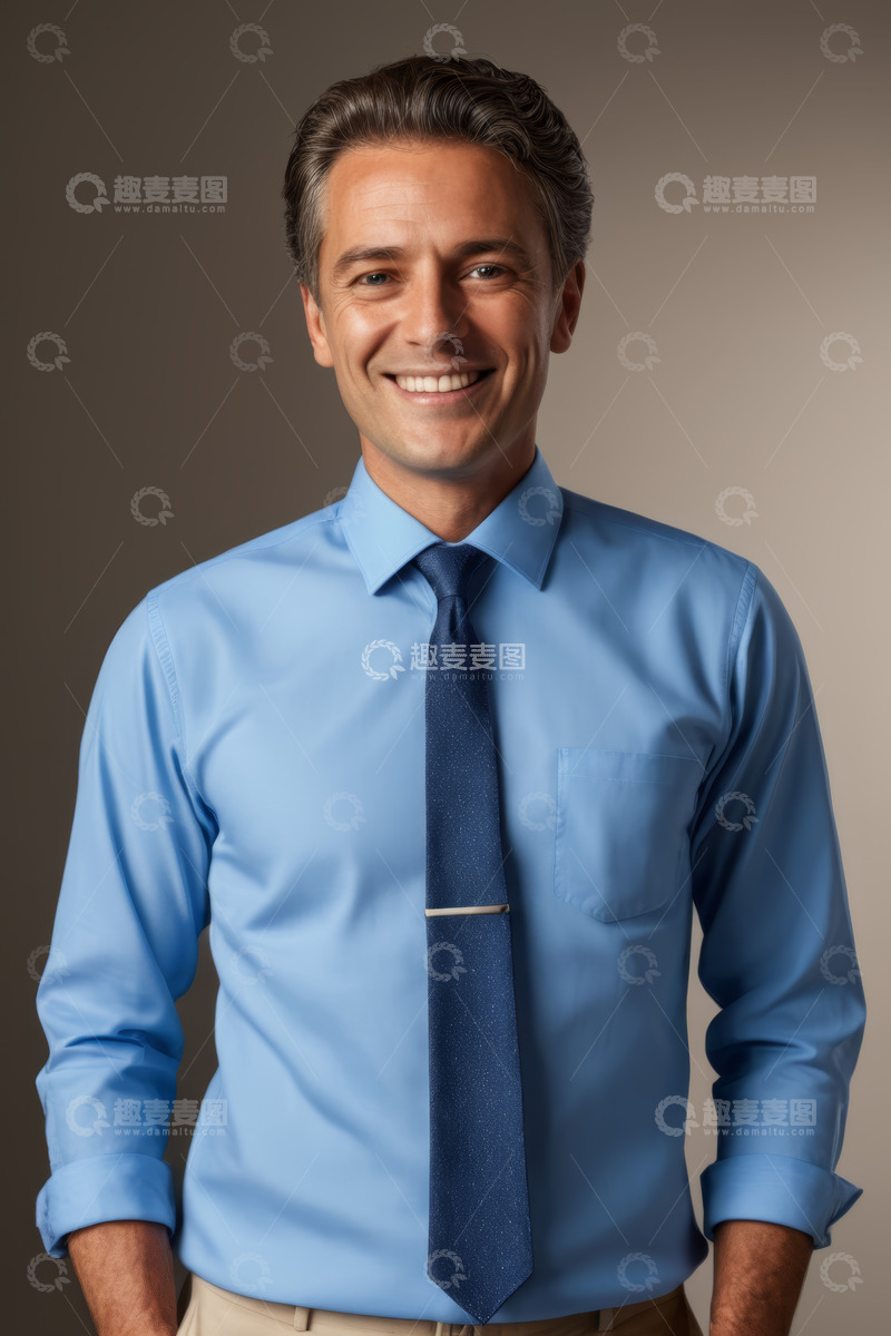 高清大图下载【趣麦麦图】穿蓝衬衫打领带微笑男士