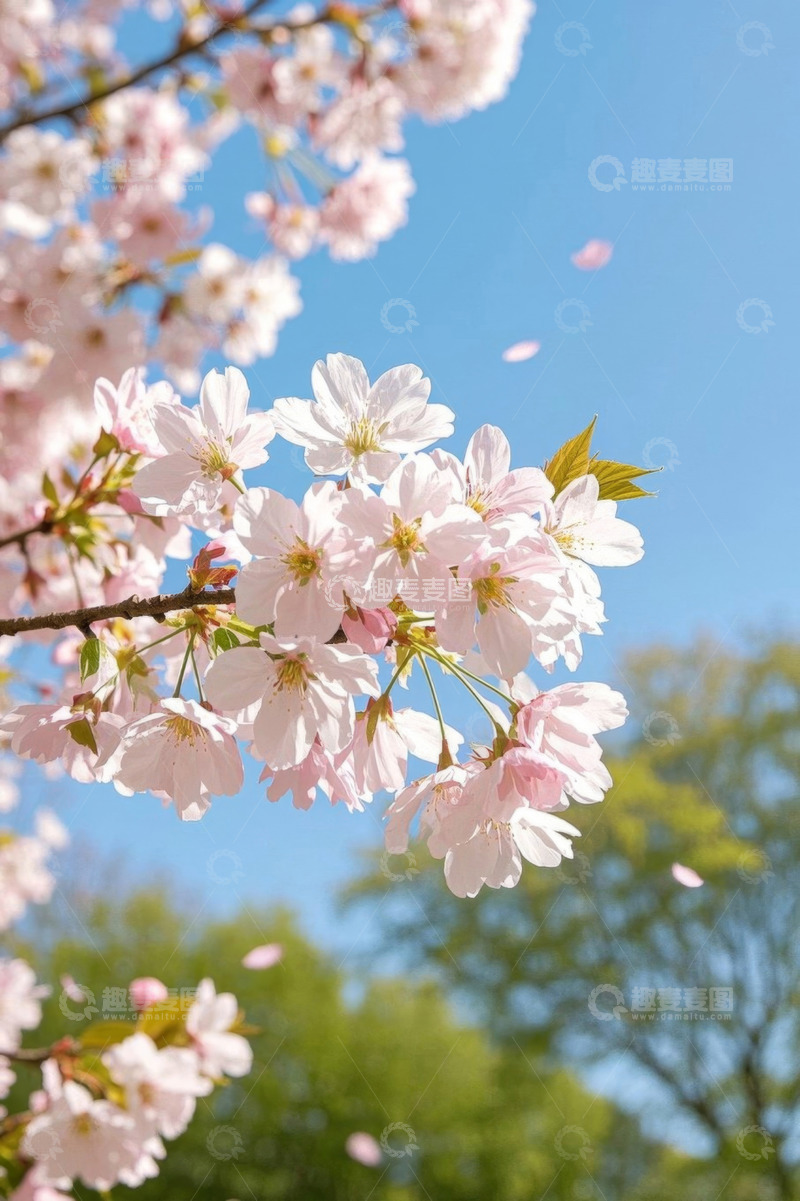 高清大图下载【趣麦麦图】盛开的粉色樱花与蓝天背景