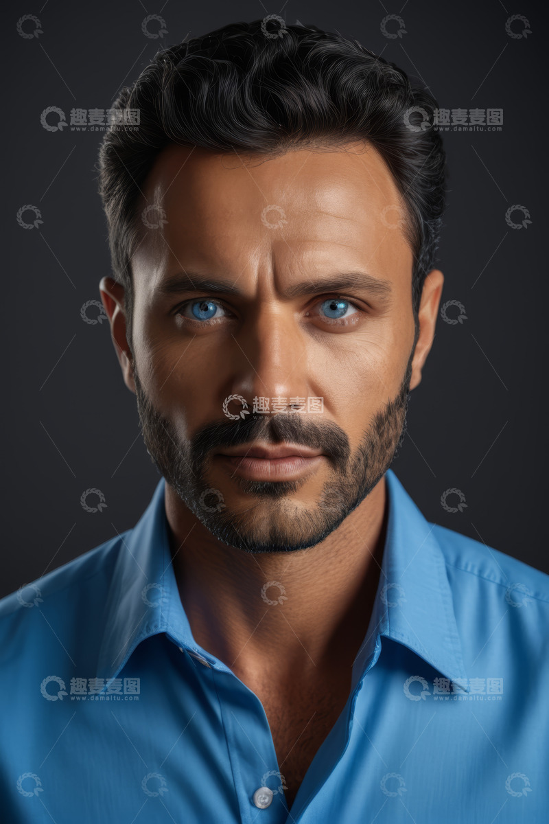 高清大图下载【趣麦麦图】穿蓝衬衫男子的肖像特写