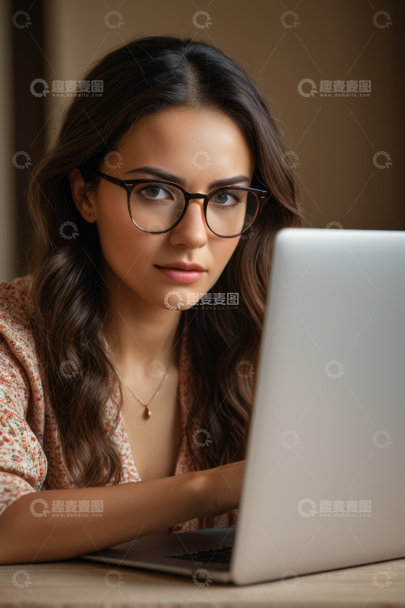 高清大图下载【趣麦麦图】女性专注使用笔记本电脑场景