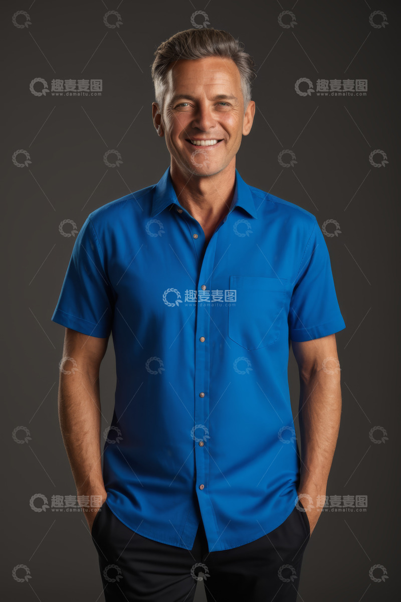 高清大图下载【趣麦麦图】穿蓝色衬衫微笑的中年男子