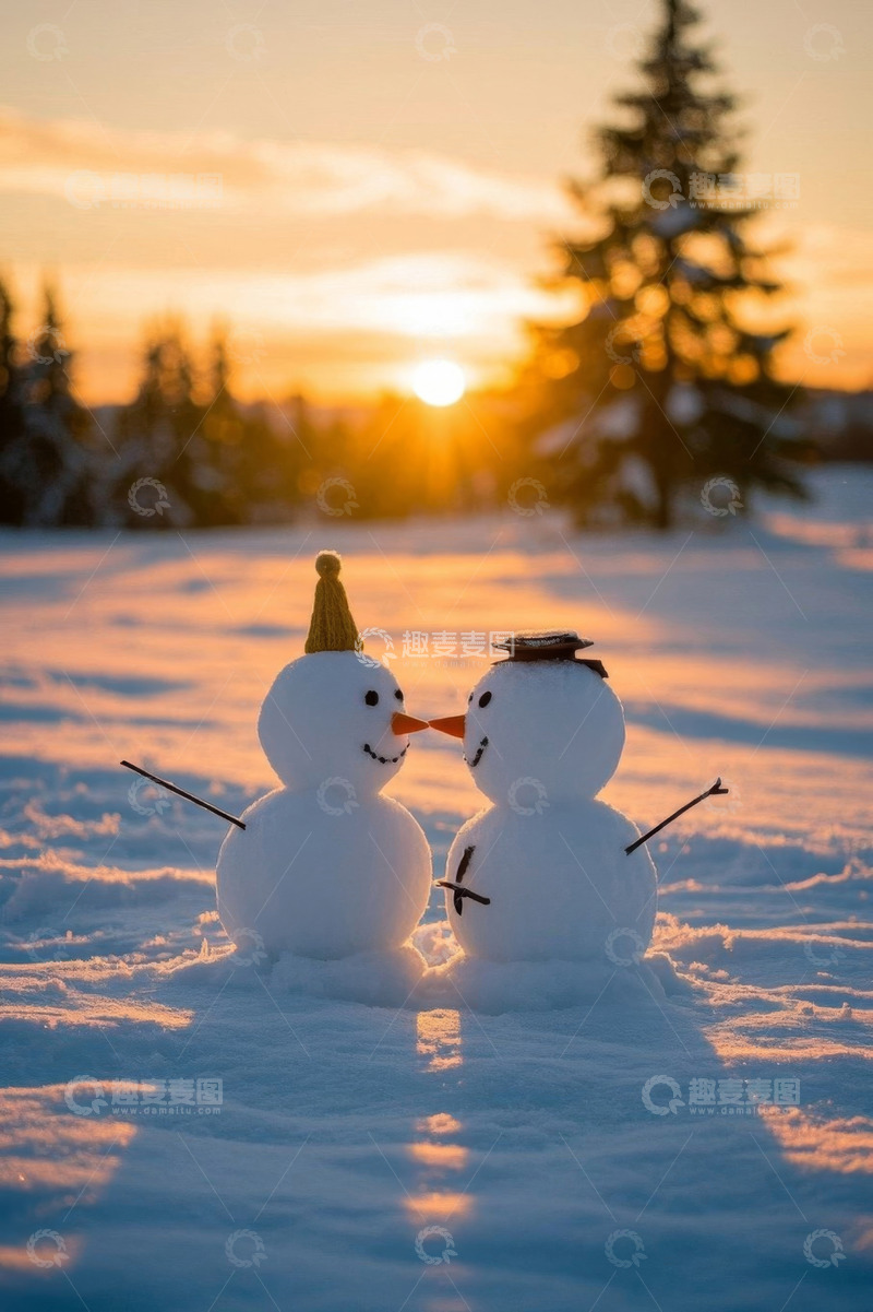 高清大图下载【趣麦麦图】夕阳下雪地中的可爱雪人