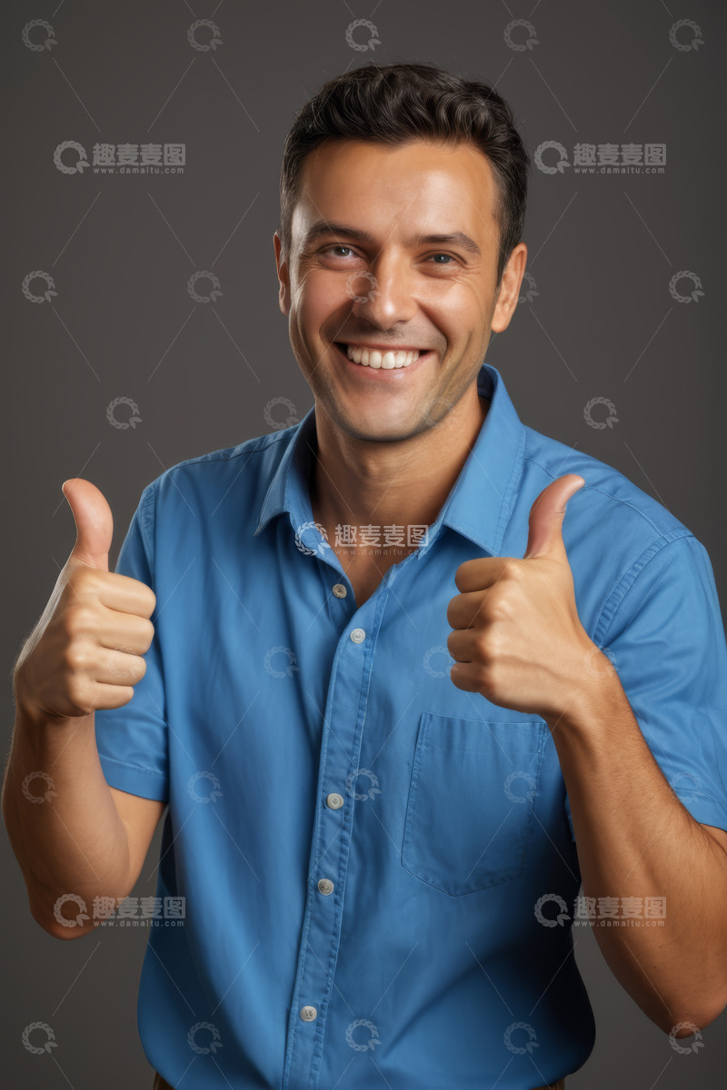 高清大图下载【趣麦麦图】男子穿蓝衬衫竖大拇指微笑