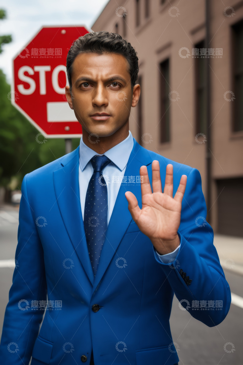 高清大图下载【趣麦麦图】穿蓝色西装男子做停止手势