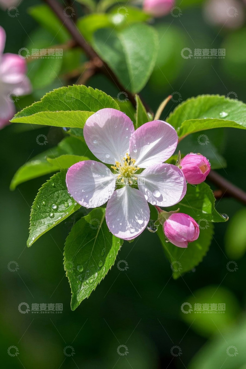 高清大图下载【趣麦麦图】带水珠的粉色花朵与绿叶
