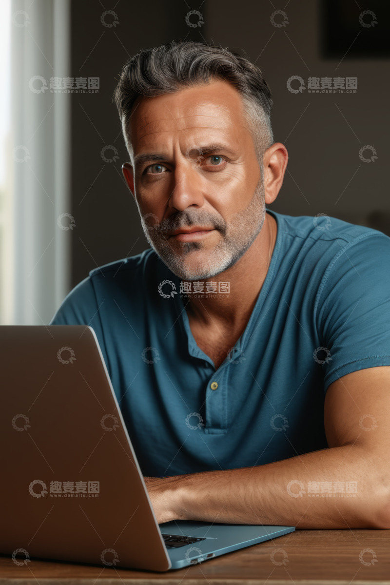 高清大图下载【趣麦麦图】中年男人专注使用笔记本电脑