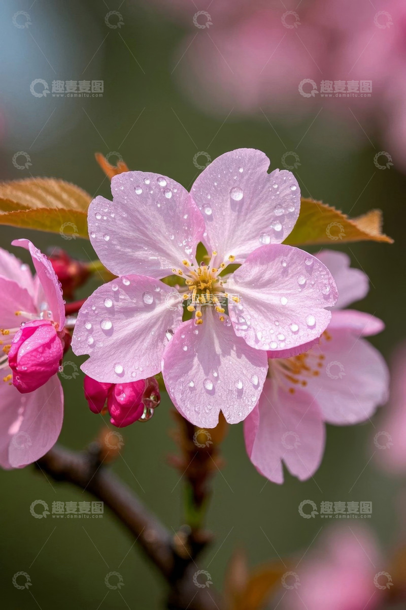 高清大图下载【趣麦麦图】带水珠的绽放粉色樱花