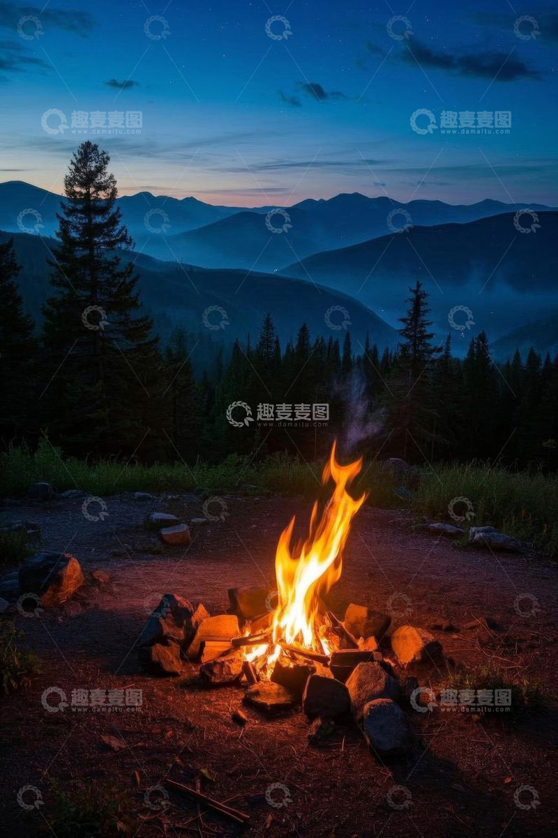 高清大图下载【趣麦麦图】山间暮色中的篝火场景