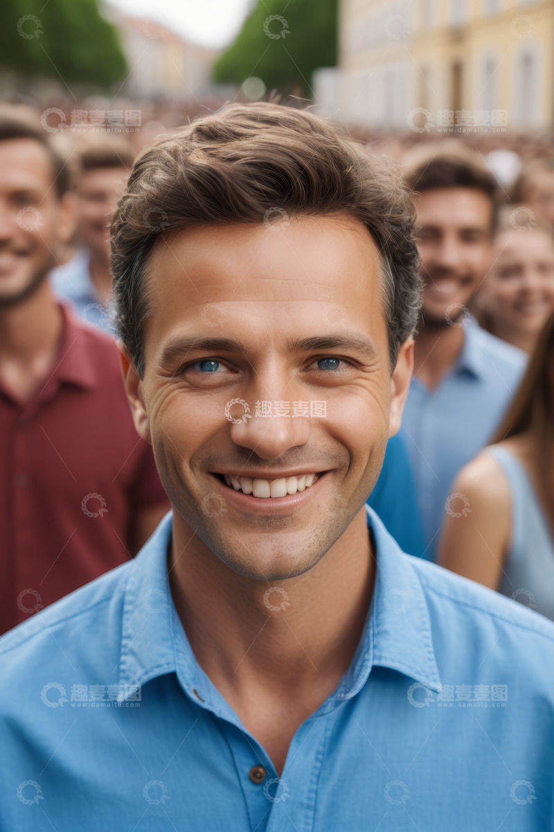 高清大图下载【趣麦麦图】微笑男人近景及背后人群