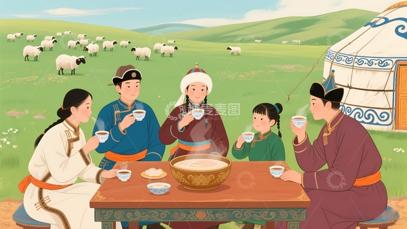 高清大图下载【趣麦麦图】一家牧民在和奶茶