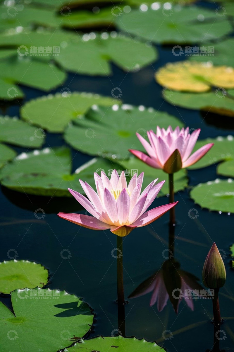 高清大图下载【趣麦麦图】池塘中的粉色睡莲与荷叶