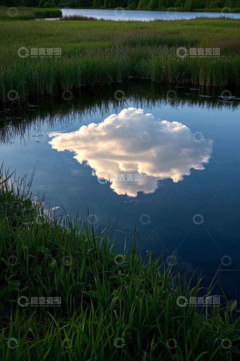 高清大图下载【趣麦麦图】湖边长草与云朵倒影风景