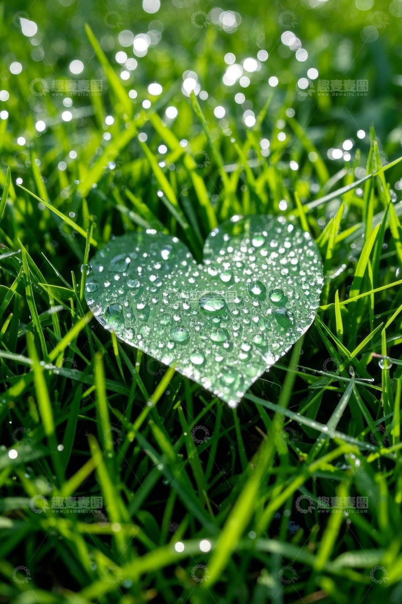 高清大图下载【趣麦麦图】心形叶片带露珠的草地景象