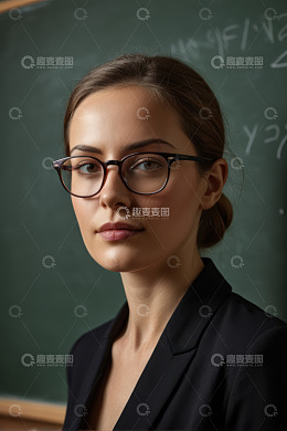 戴眼镜女教师站于黑板前