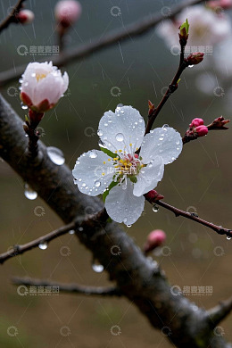 雨中绽放的带水珠桃花
