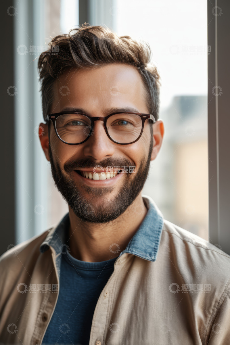 高清大图下载【趣麦麦图】戴眼镜微笑男子近景肖像