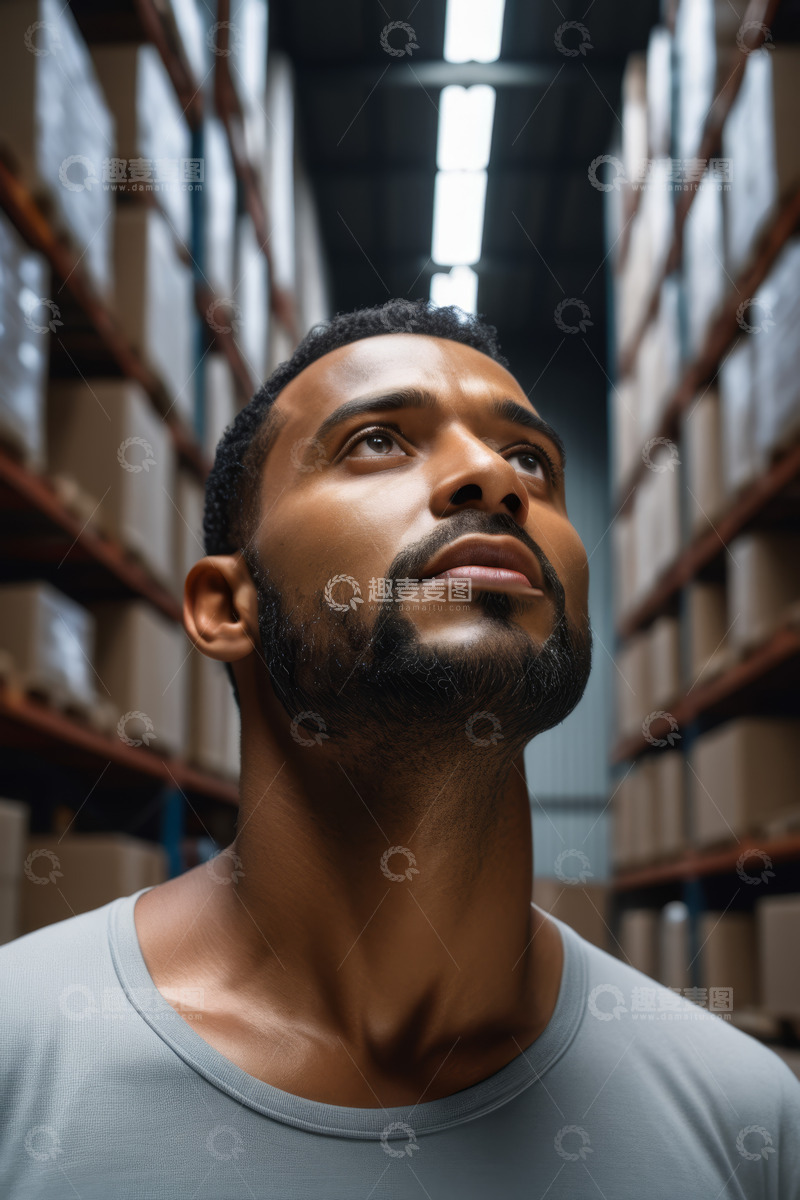 高清大图下载【趣麦麦图】仓库中仰头查看的男性工作人员