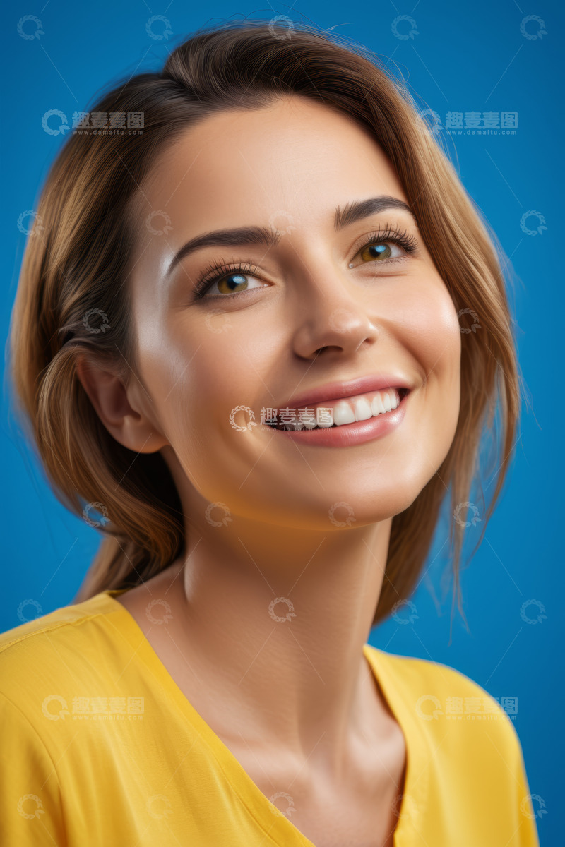 高清大图下载【趣麦麦图】微笑女人黄色上衣蓝色背景肖像