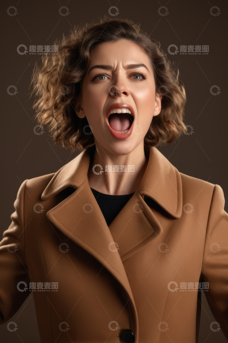 高清大图下载【趣麦麦图】穿着棕色大衣的女人张嘴表情