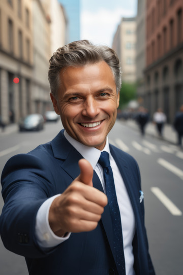 西装男士街头竖大拇指