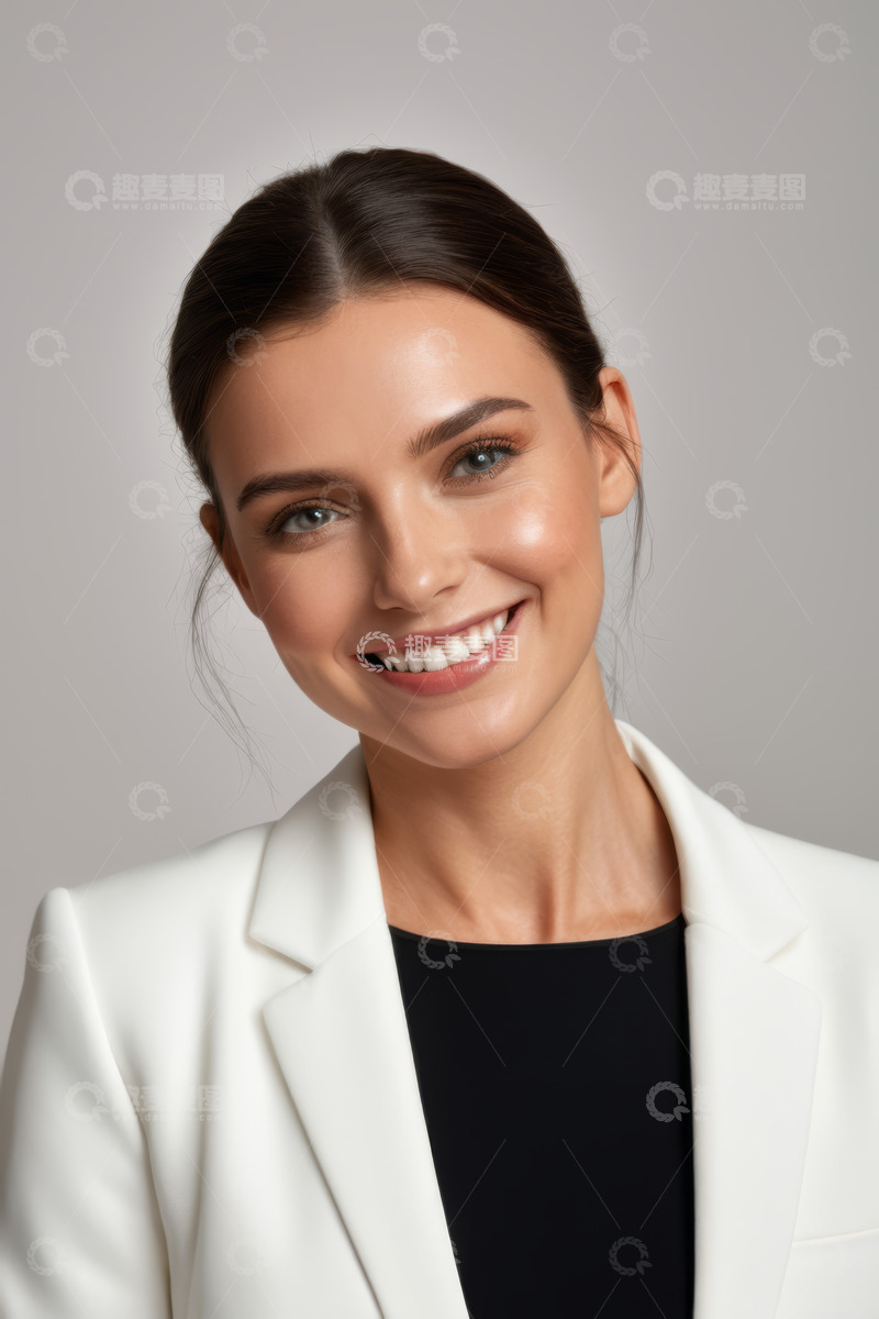 高清大图下载【趣麦麦图】穿白西装微笑的年轻女性肖像