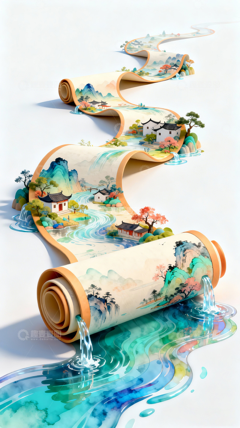 高清大图下载【趣麦麦图】卷轴山水画卷艺术创意