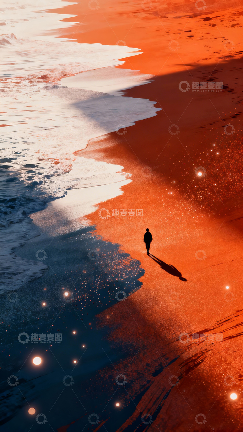高清大图下载【趣麦麦图】暖色调海滩独行人影艺术摄影