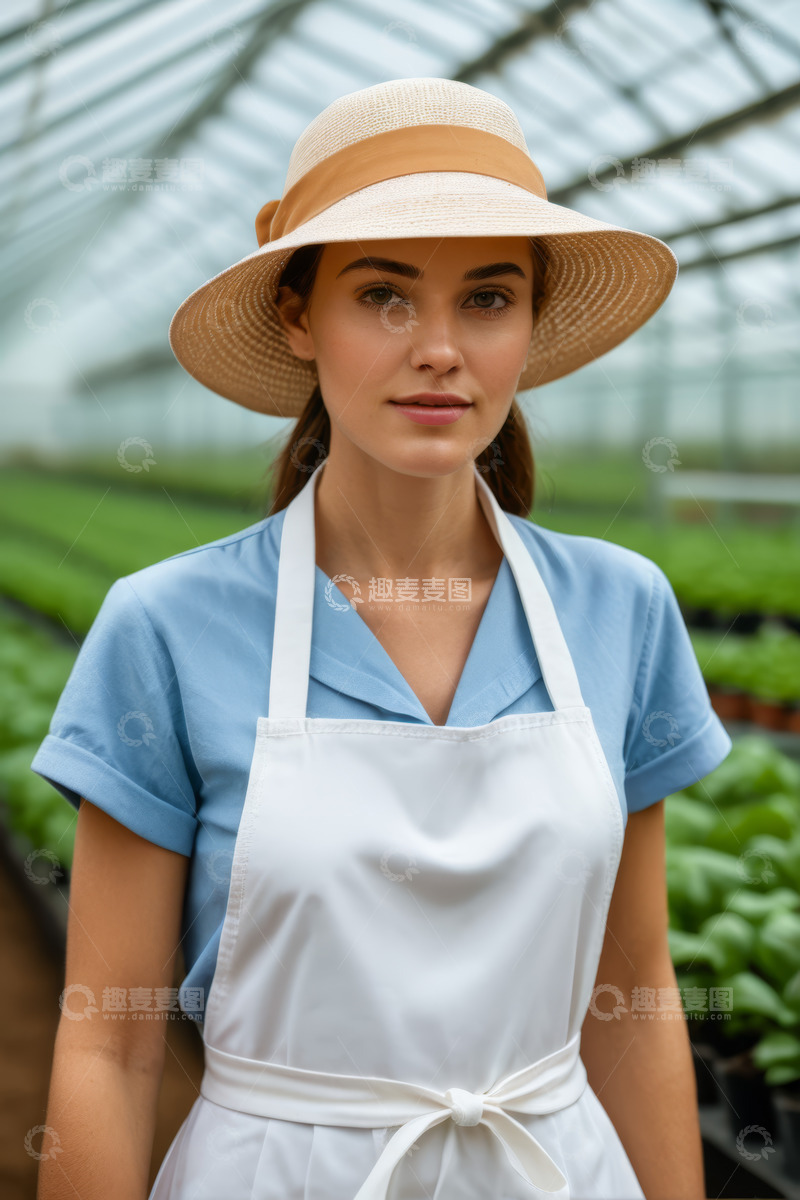 高清大图下载【趣麦麦图】温室中穿围裙戴帽的女性