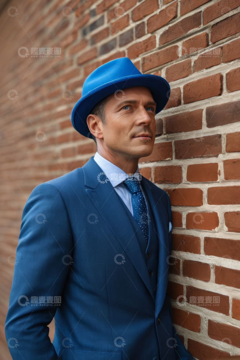 高清大图下载【趣麦麦图】穿蓝色西装戴帽男子靠墙