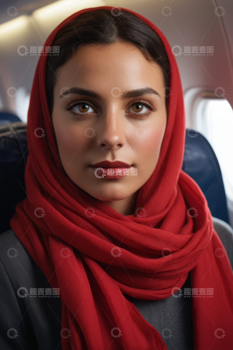 高清大图下载【趣麦麦图】飞机上戴红头巾的女性乘客