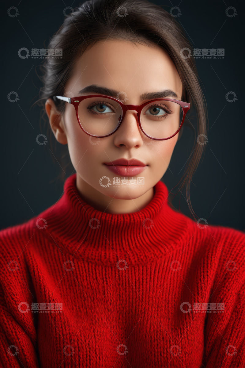 高清大图下载【趣麦麦图】戴眼镜穿红毛衣的女性肖像
