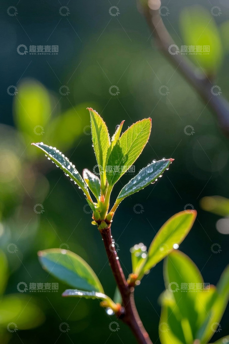 高清大图下载【趣麦麦图】带露珠的嫩绿植物枝叶特写