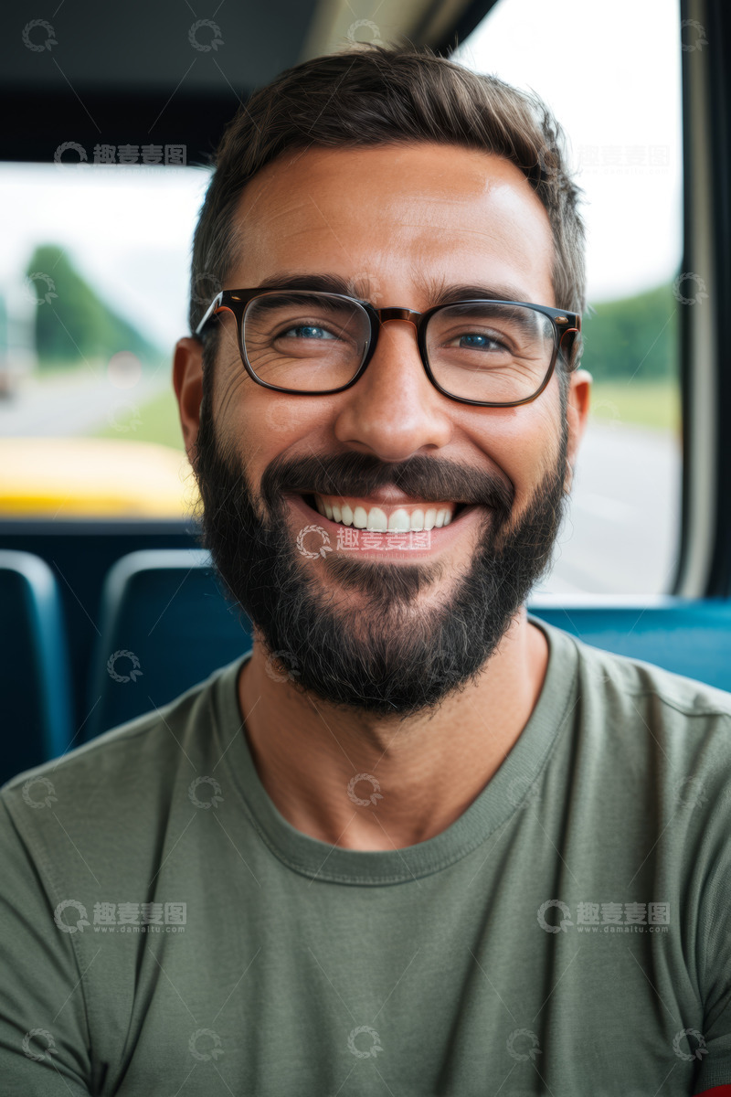 高清大图下载【趣麦麦图】公车上微笑男子肖像