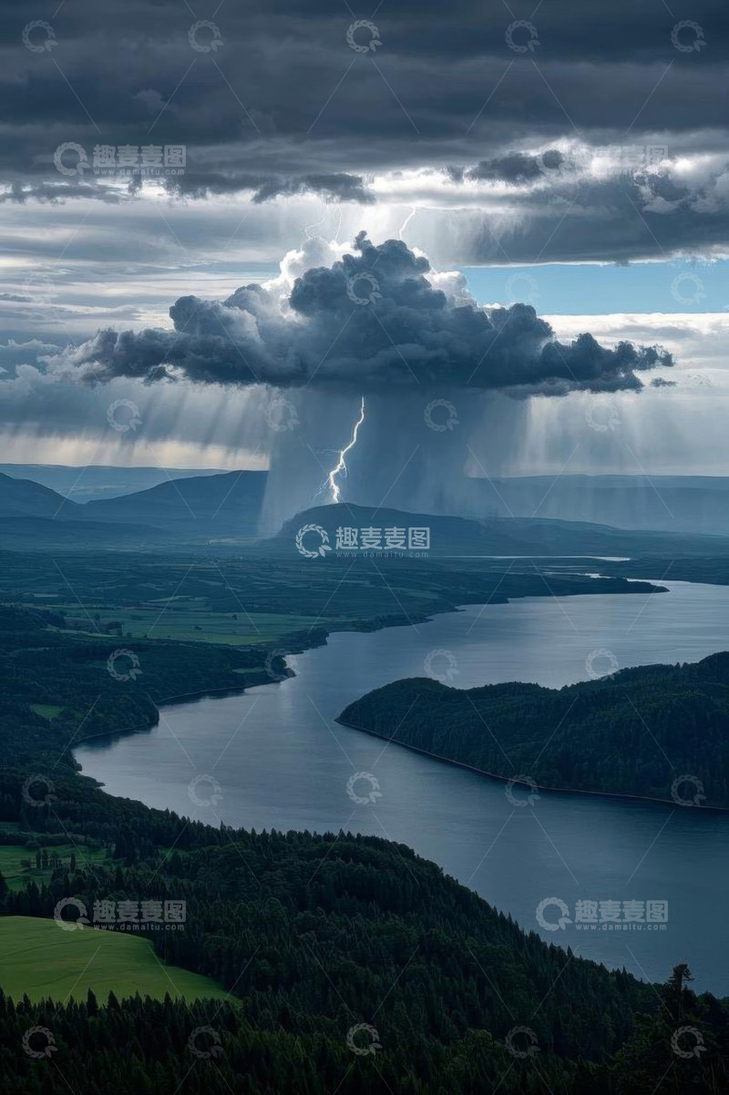 高清大图下载【趣麦麦图】湖泊山林间的闪电风暴景象