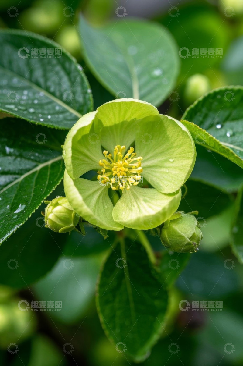 高清大图下载【趣麦麦图】带水珠的绿色花朵特写