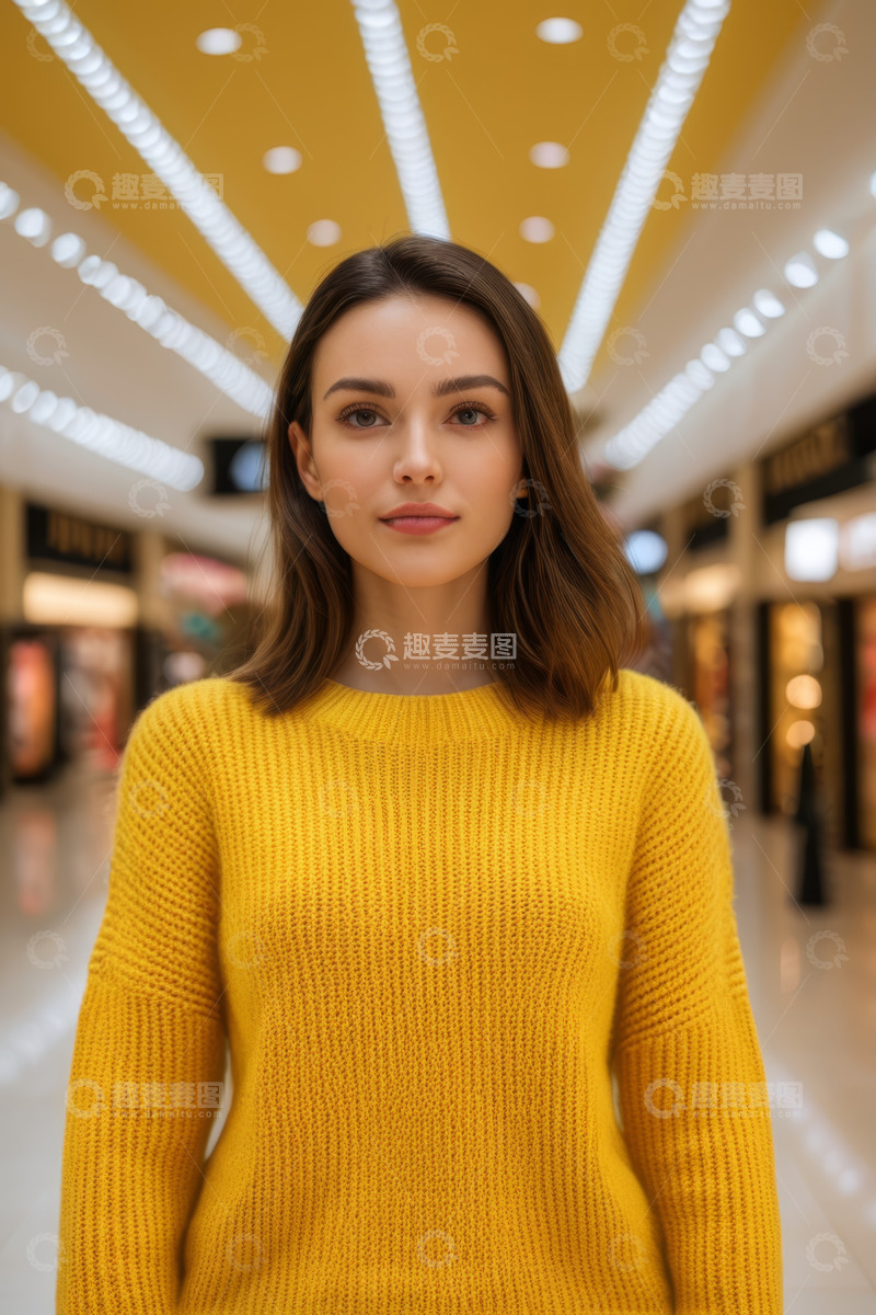 高清大图下载【趣麦麦图】商场内穿黄毛衣的年轻女性