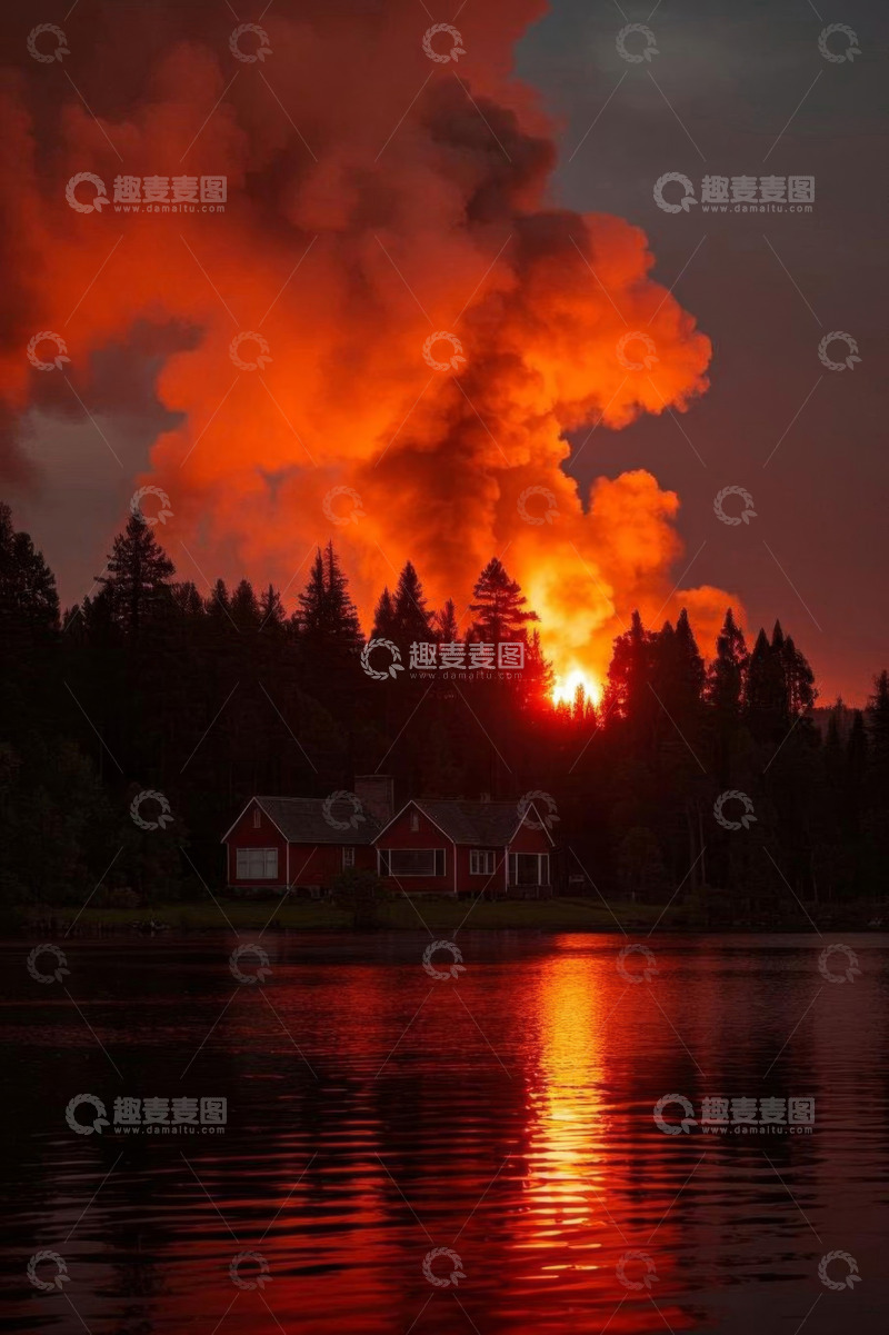 高清大图下载【趣麦麦图】湖畔森林火灾景象