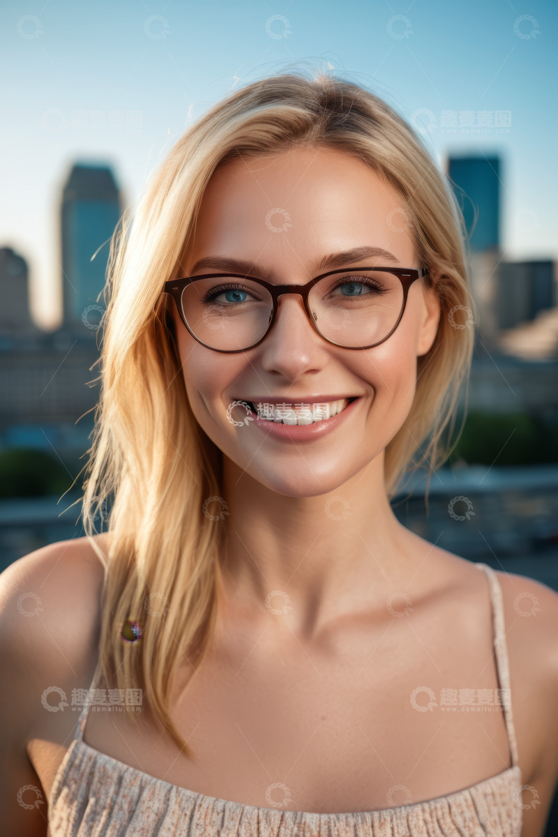 高清大图下载【趣麦麦图】戴眼镜金发女子微笑特写